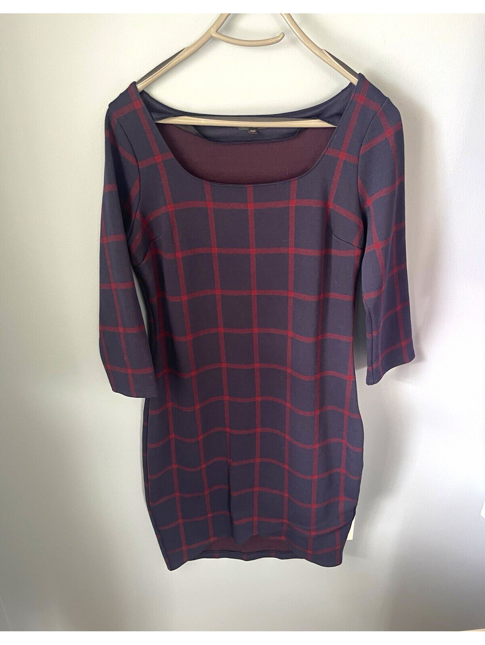 Express Navy/Red Plaid Scoop Neck 3/4 Sleeve Bodycon Short Dress Size M